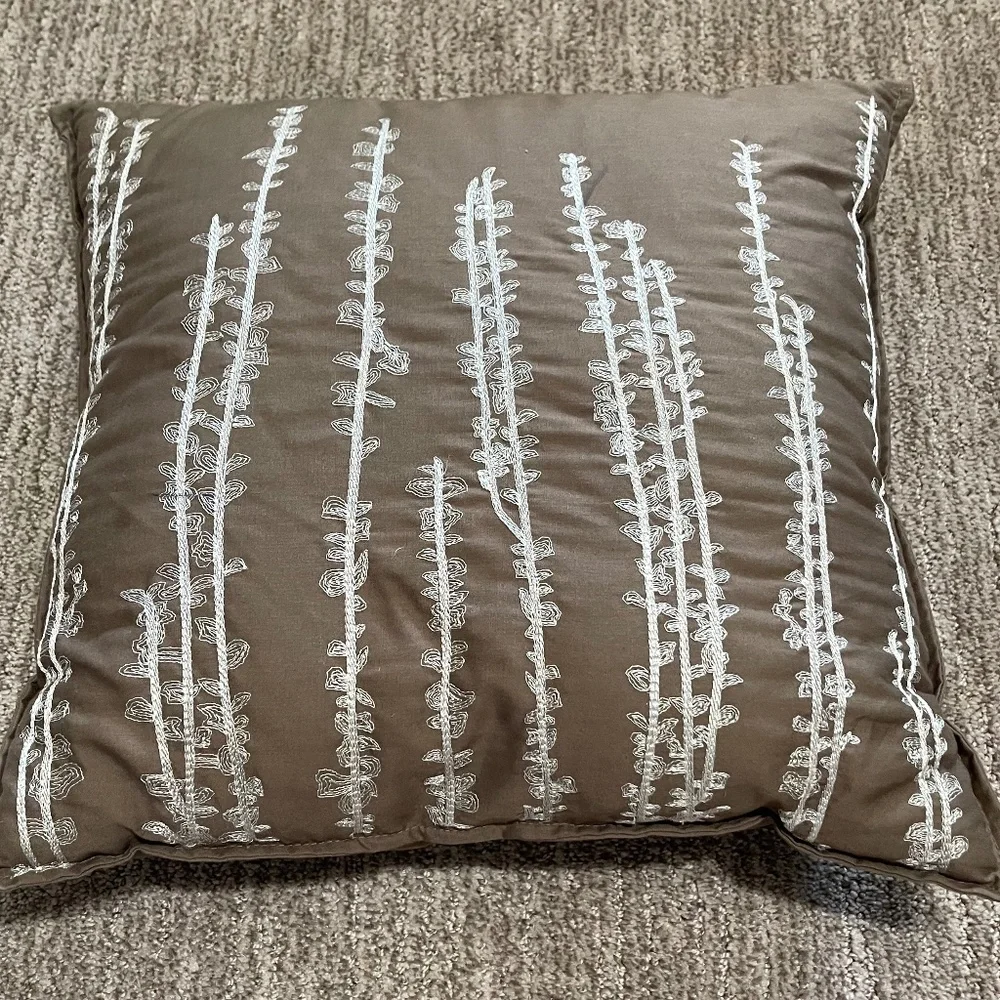 Decorative Throw Pillow – Brown with Cream Natural Embroidery – 14”‎ Square